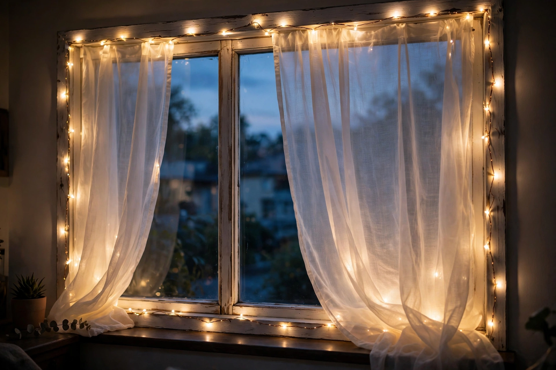 Window outlined with warm fairy lights