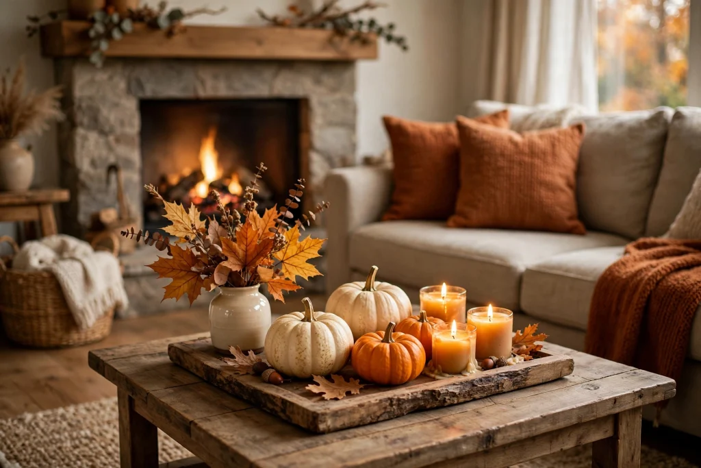 Fall coffee table with wooden tray, pumpkins and candles