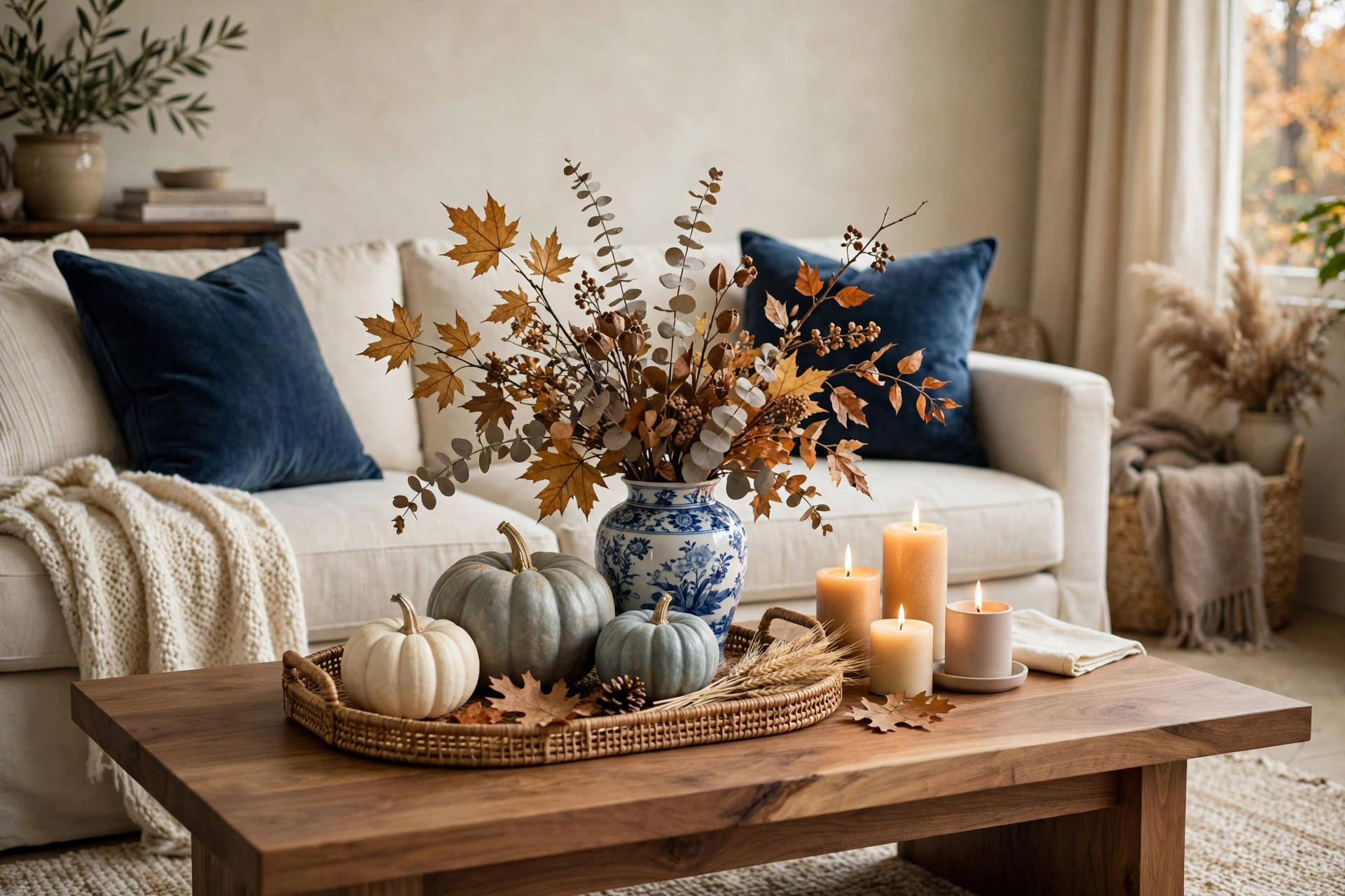 Blue and white pumpkins styled on a coffee table with a chinoiserie vase for fall