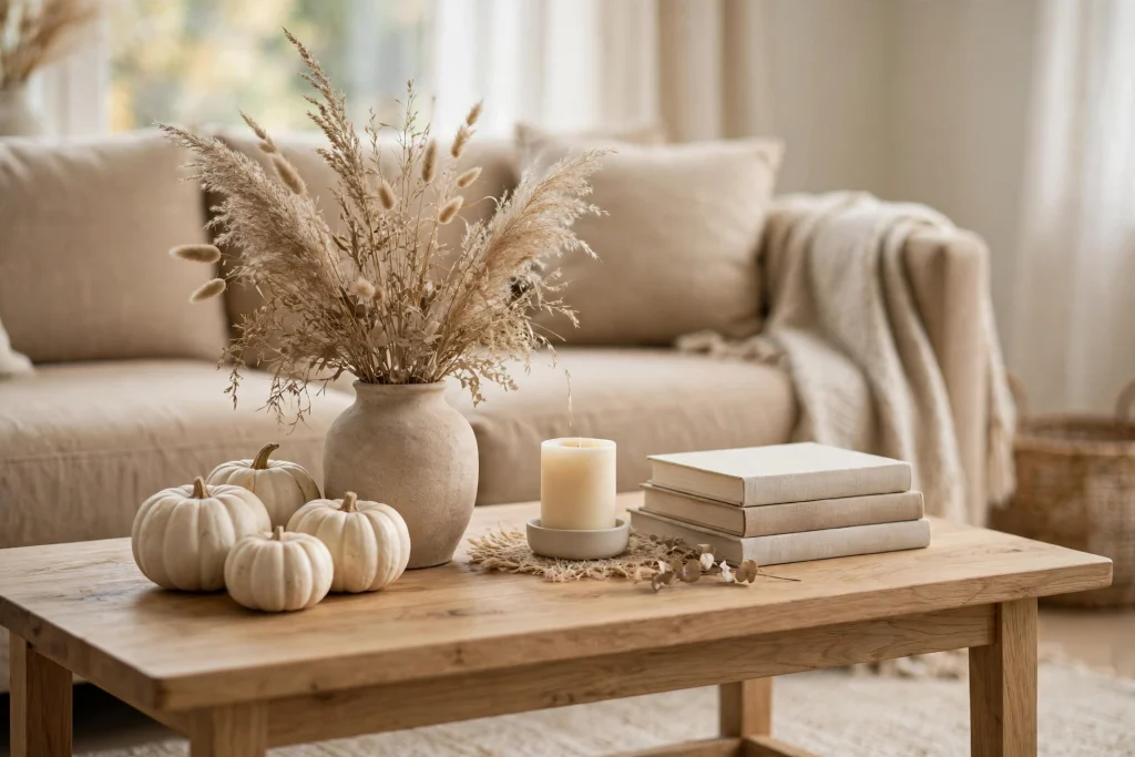 Neutral fall coffee table with white pumpkins and dried grasses