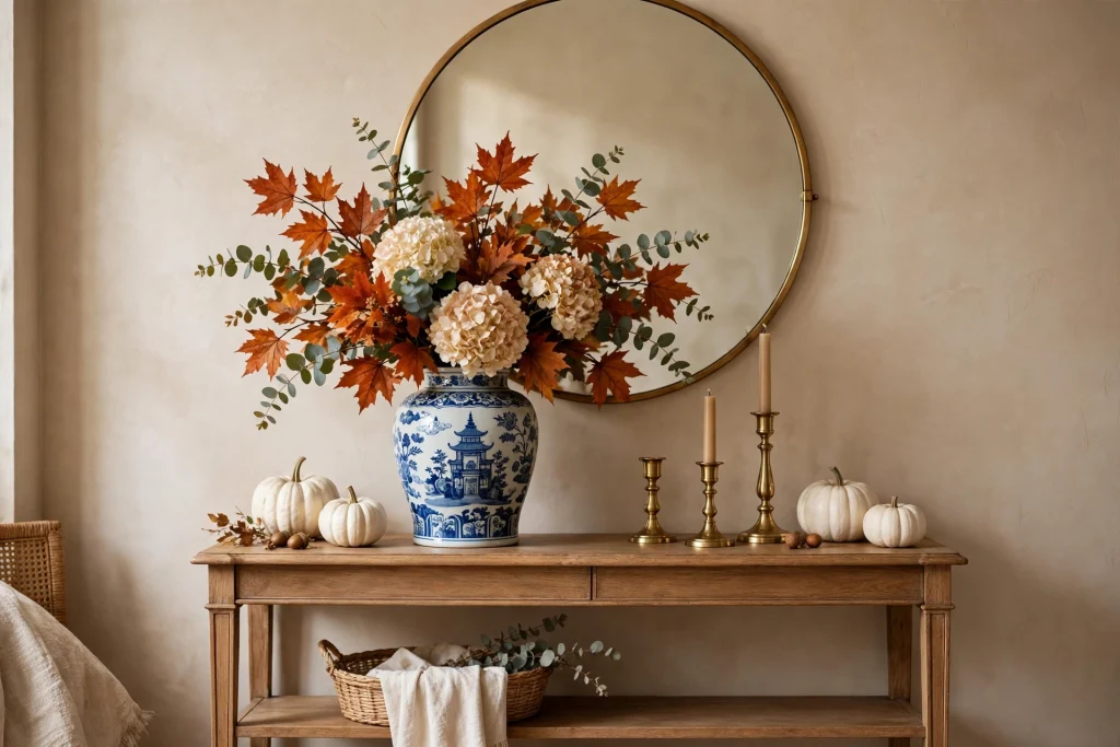 Blue and white chinoiserie vases with autumn leaves on a console table