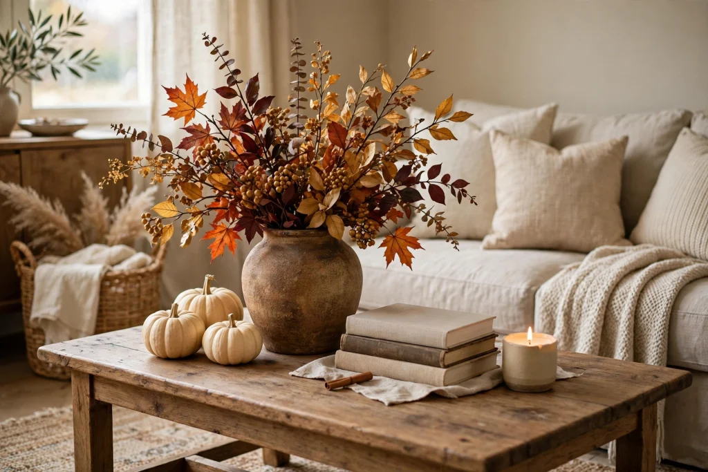 Coffee table with autumn branches in a large ceramic vase