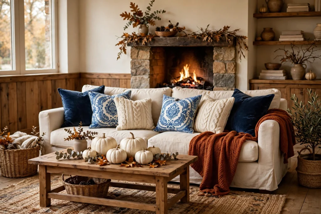 Navy blue throw pillows on a cream sofa for cozy fall decor