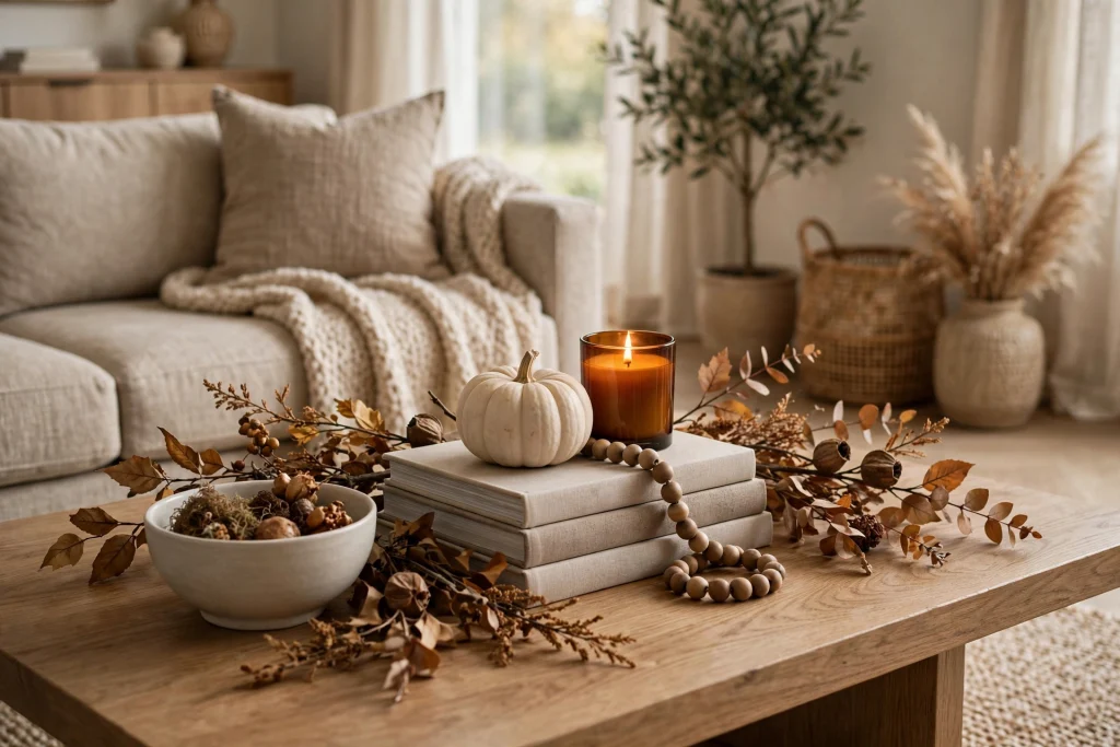 Stacked books with a white pumpkin and amber candle on a coffee table