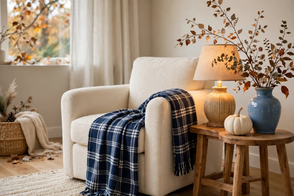 Blue plaid throw blanket on a cream armchair for fall texture