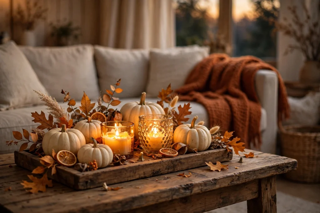 Amber glass candle holders on a fall coffee table