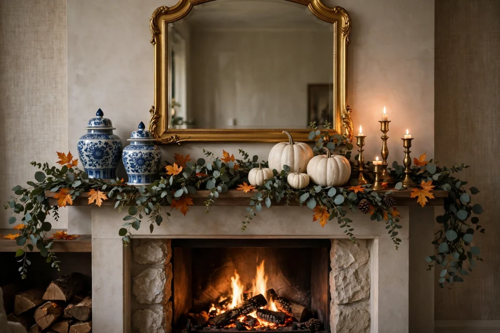 Blue and white fall mantel with porcelain ginger jars and white pumpkins