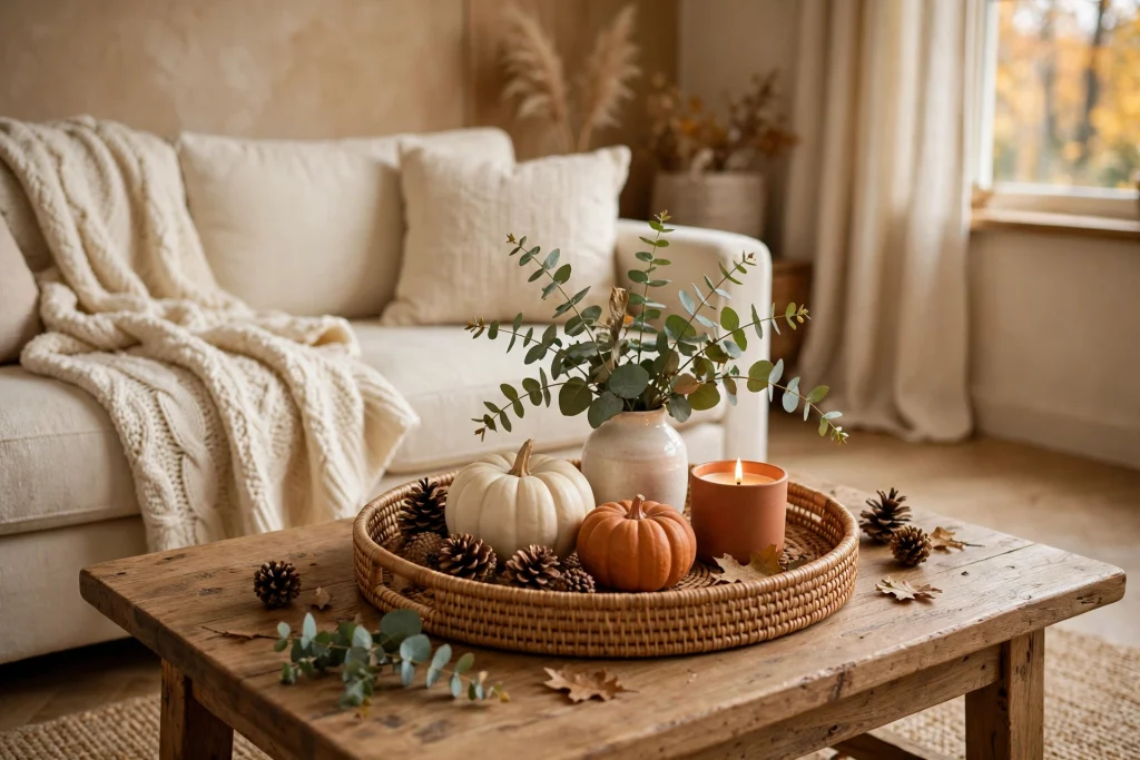 Woven rattan tray with pumpkins on a fall coffee table