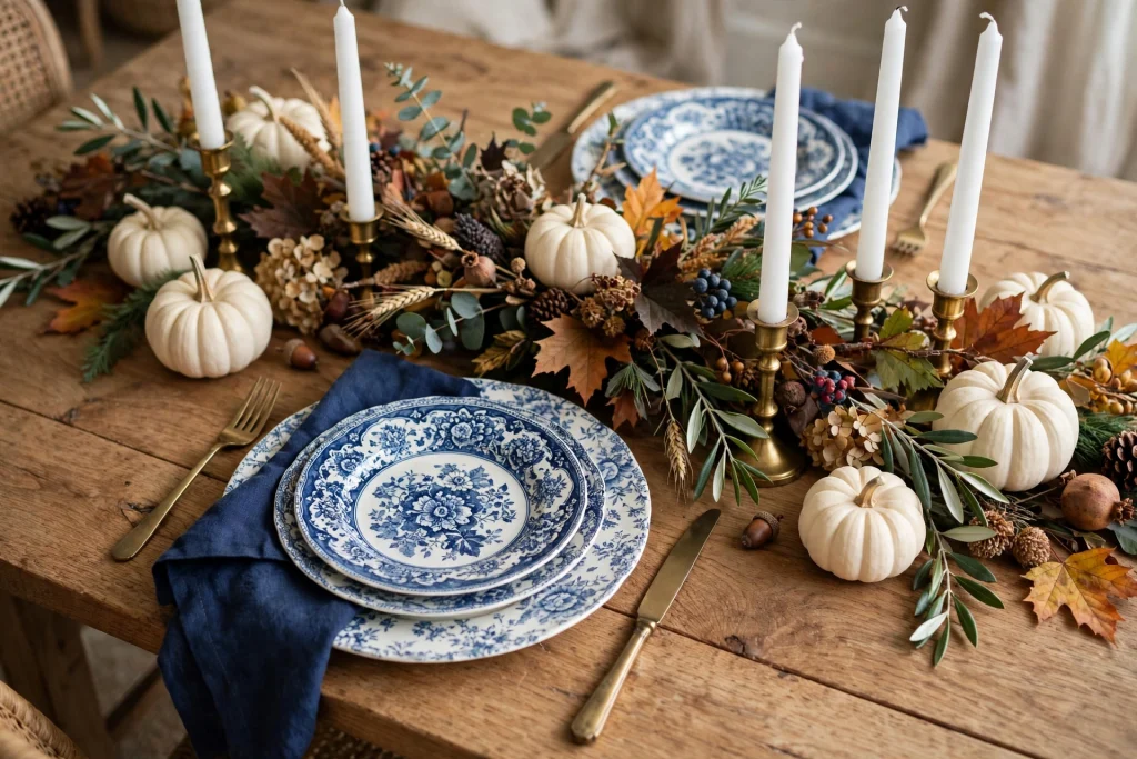 Blue and white fall dining table with porcelain plates and navy napkins