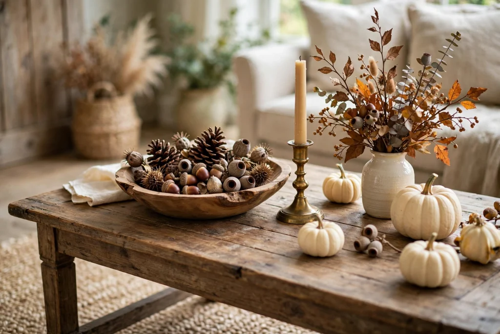 Wooden bowl of pinecones and acorns on a coffee table
