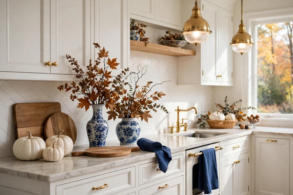 Kitchen decorated with blue fall accents and white pumpkins