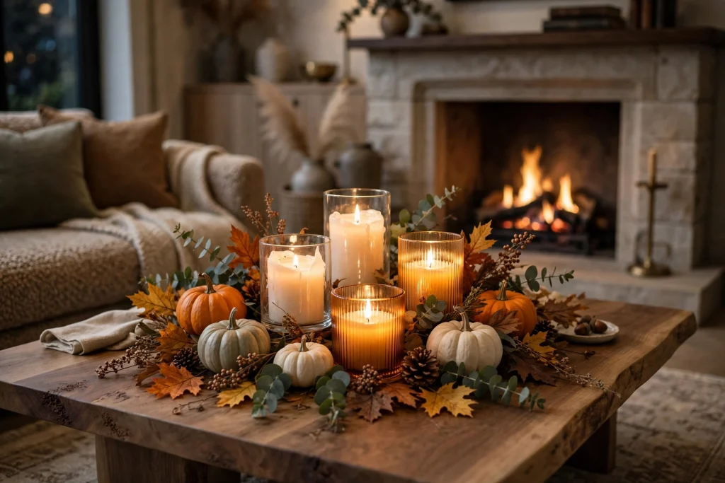 Glowing pillar candles as a fall coffee table centerpiece