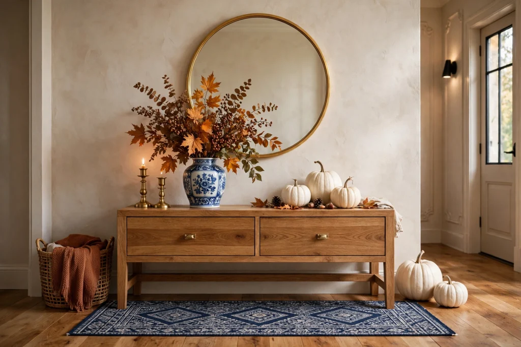 Blue and white fall entryway with ceramic vase and white pumpkins