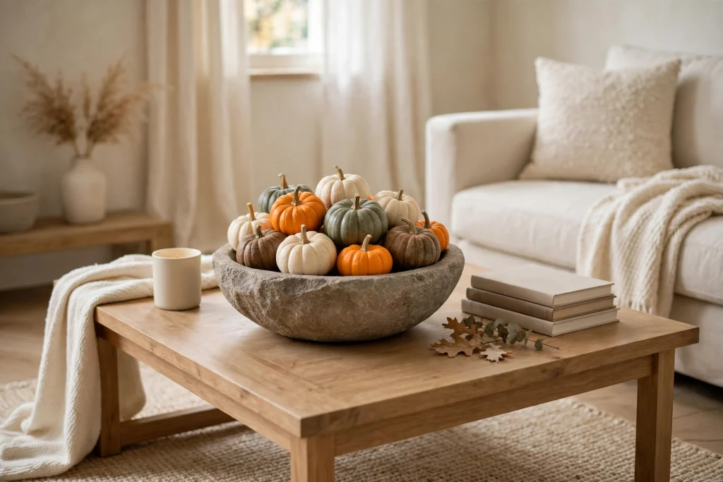 Stone bowl filled with mini pumpkins on a coffee table