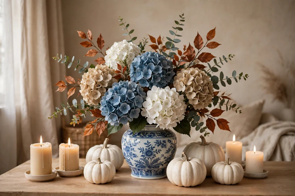 Blue and white hydrangea arrangement in a porcelain vase for fall