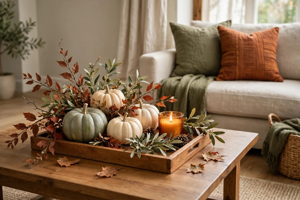 Rust and olive green accents on a fall coffee table