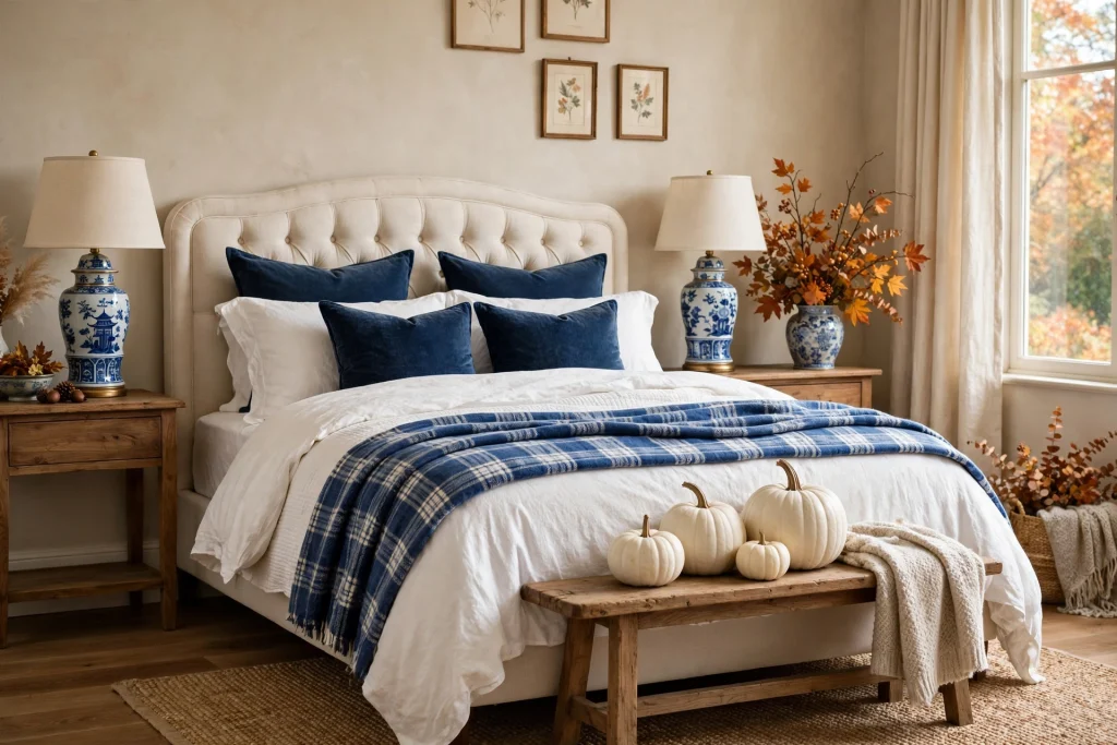 Blue and white fall bedroom with navy pillows and plaid throw