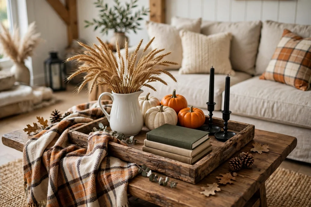 Farmhouse fall coffee table with wheat pitcher and pumpkins