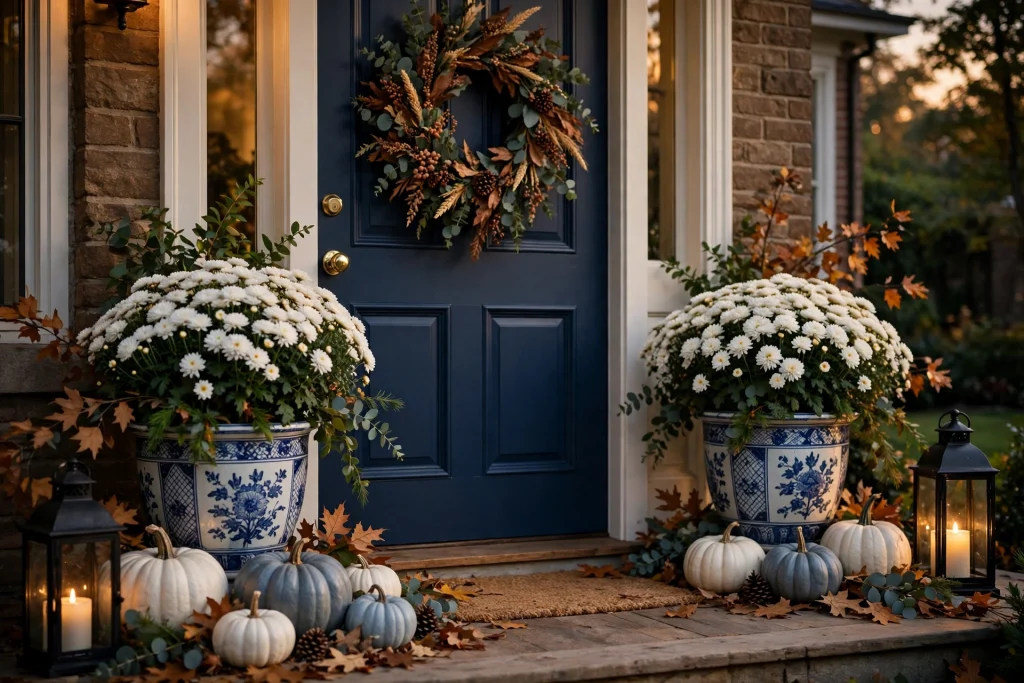 Blue and white fall porch with navy door and white mums