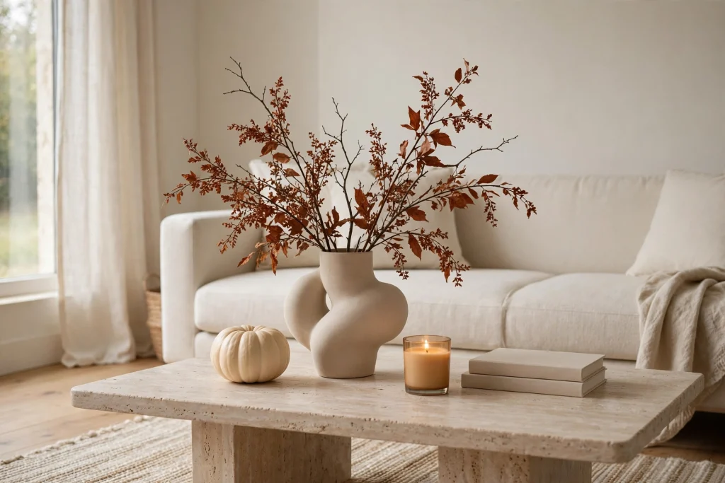 Modern minimal fall coffee table with sculptural vase