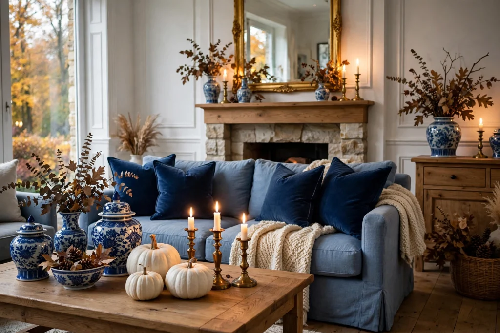 Brass accents with blue and white fall decor in a living room