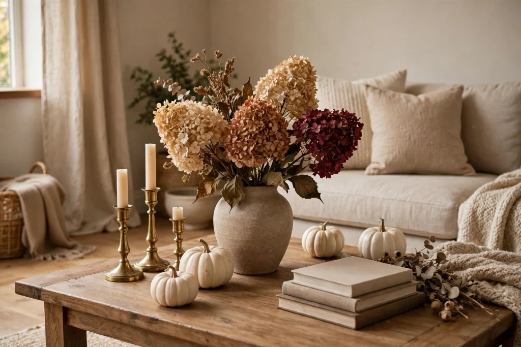 Dried hydrangeas on an elegant fall coffee table