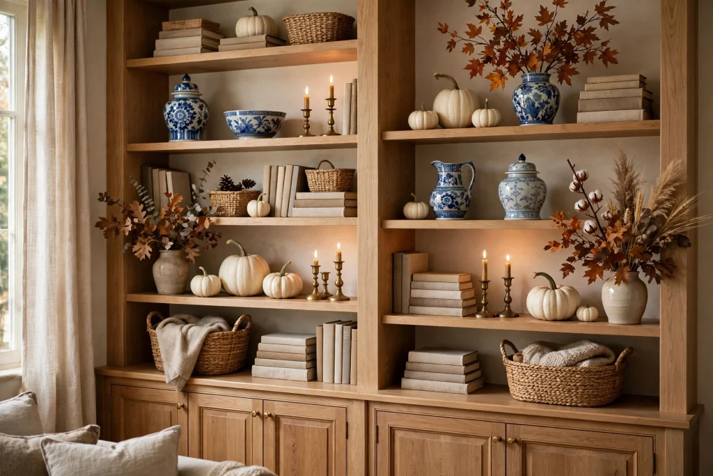 Shelves styled with blue and white fall decor and ceramics
