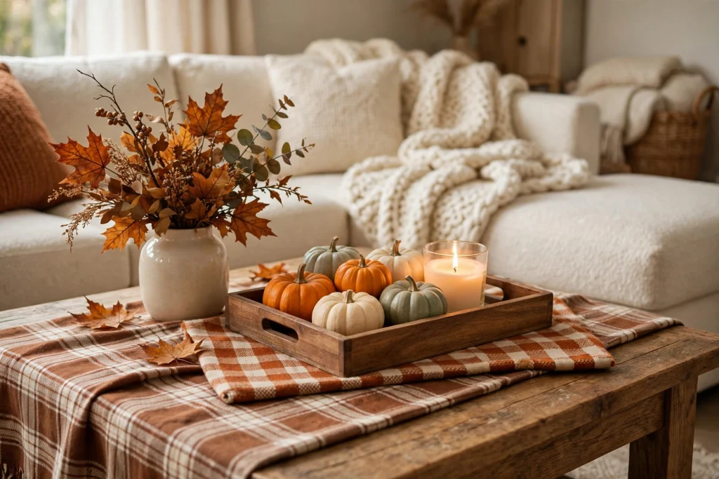 Plaid textile under fall coffee table decor