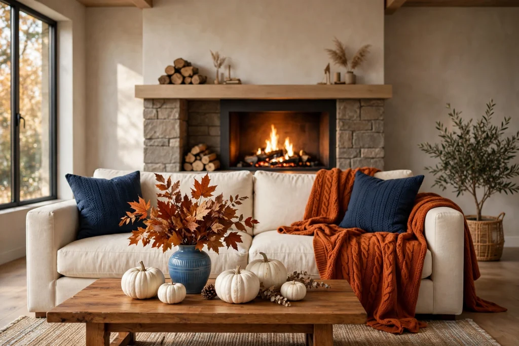 Navy blue and burnt orange fall living room decor