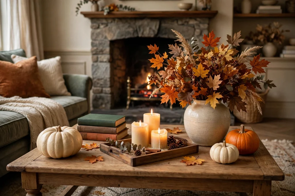 Classic fall coffee table with books, pumpkins and candles