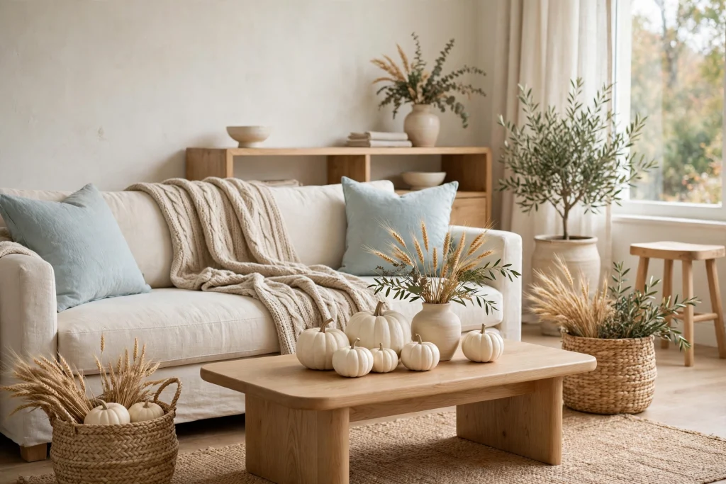 Neutral blue and white fall living room with pale blue pillows