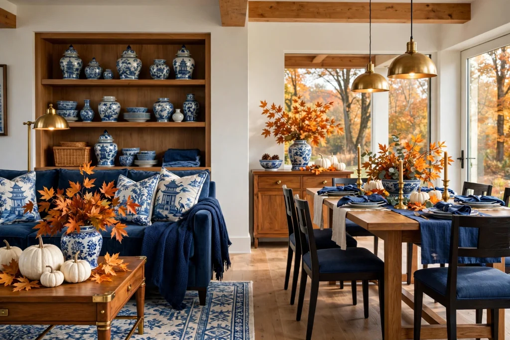 Blue and white fall accents repeated throughout an open-plan home